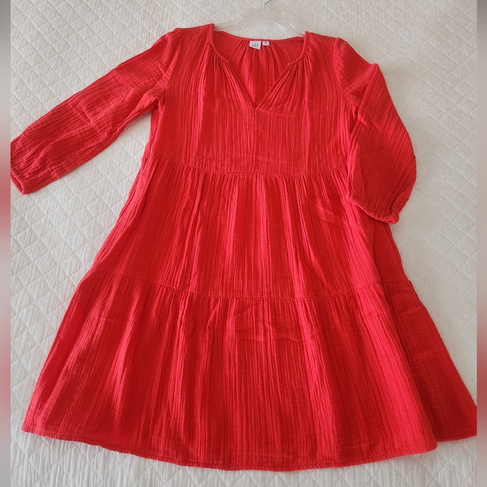 GAP Women's Bright Orange Tiered Cotton Gauze Mini Dress - Picture 1 of 7